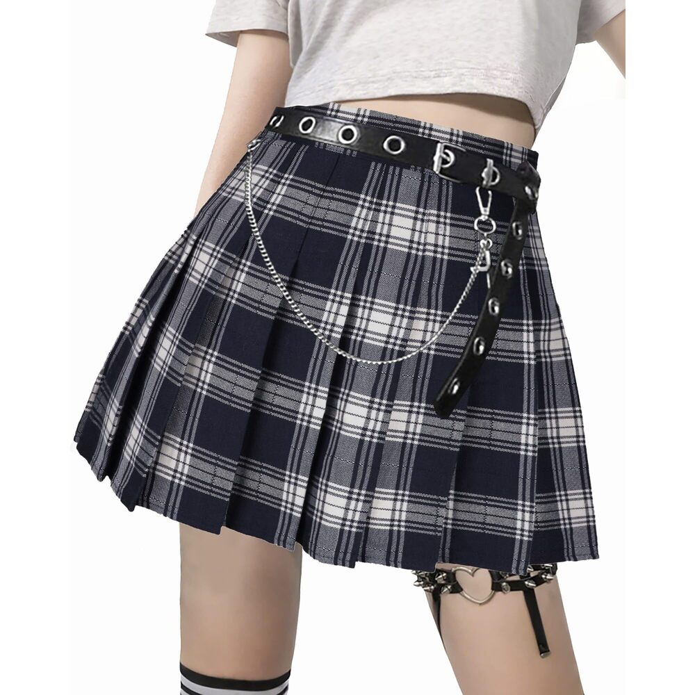 5809 Goth Black Mini Skirt with Belt Punk High Waist Plaid Skirts